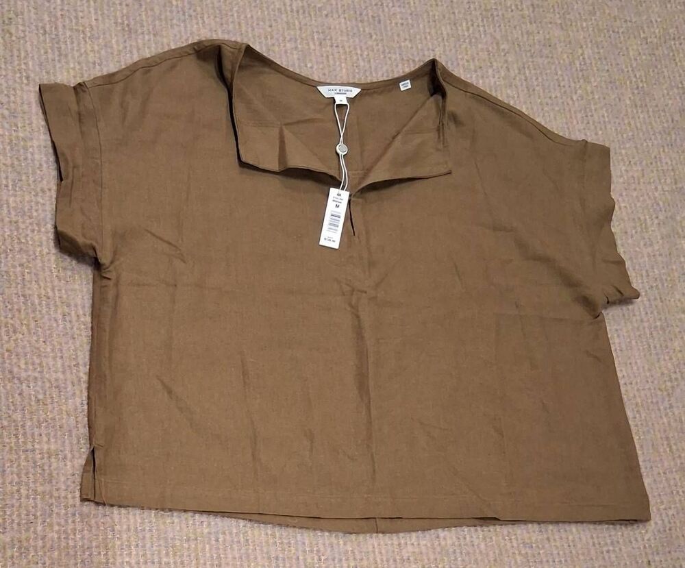 Max studio womens medium mustard yellow top boxy linen split neck shirt